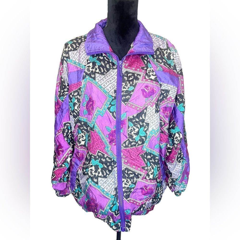 VINTAGE 80s/90s RAFEAL COLOR BLOCK‎ PRINTED WINDBREAKER JACKET WOMENS SIZE LARGE - Picture 6 of 12